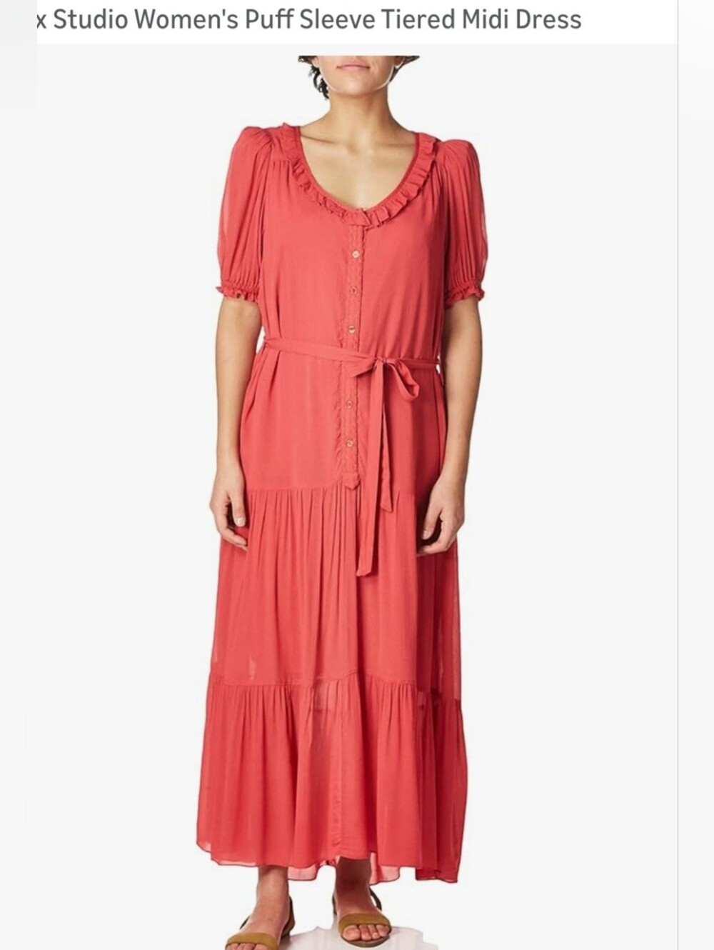 Max Studio Coral Puff-Sleeve Tiered Midi Dress